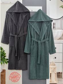 2-Piece 100% Cotton Unisex Bathrobe Set – Black & Green Color Options, Fluffy Hooded Robes For Women & Men, Terry Cloth, Soft With Long Belt – Ideal For Spa, Sauna & Daily Use – S/M & L/XL – Made In Turkey - 墨綠色 - 查看 14