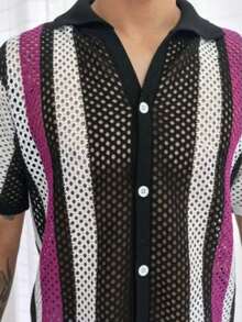 Summer Knit Button Polo Shirt - Black With Dahlia - View 2