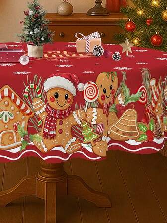 1 Pc Festive Christmas Tablecloth With Gingerbread Man, Snowflakes And Bow Design - Red Polyester, Suitable For Kitchen, Dining Room, Garden And Holiday Parties, Christmas Table Decoration, Christmas Decor Supplies