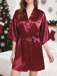 Women's Customizable Pattern Long Robe, 3/4 Sleeve, Lightweight & Breathable, Sexy Short Loungewear, Casual Kimono Style, Elegant & Soft, Shiny & Cute, Thin Printed Pajamas, Suitable For Valentine's Day, Halloween, Anniversary, Autumn/Winter