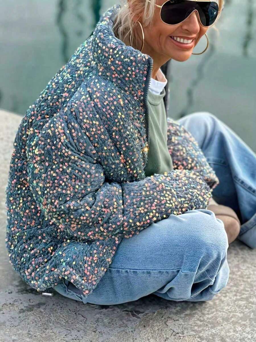 Women's Casual Sequin Padded Coat, Everyday Wear, Autumn/Winter - Multicolor - View 1
