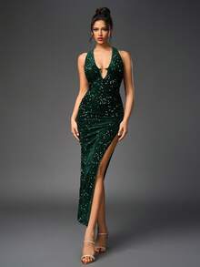 PARTHEA Deep V-Neck Backless Slit Thigh Sequin Velvet Maxi Dress - Green - View 6