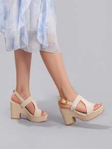 女士厚底坡跟高跟露趾凉鞋，优雅防水粗跟休闲拖鞋，日常时尚绒面杏色鞋 - 杏色 - 查看 6