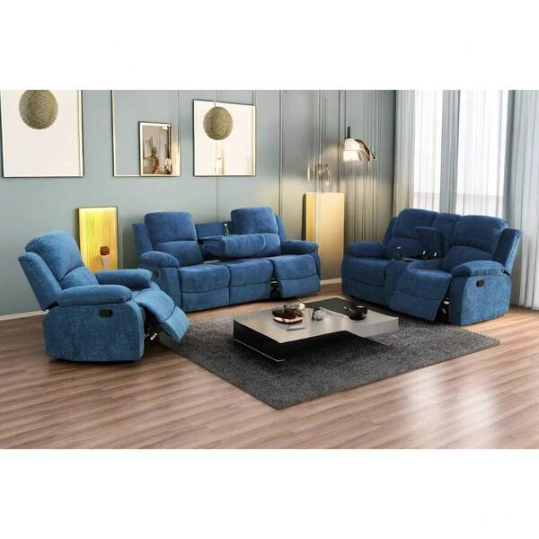 Reclining Living Room Furniture Set, Linen Fabric Recliner Couch Set, Manual Reclining Sofa And Loveseat With Recliner Chair Blue, Sofa+Loveseat+Chair