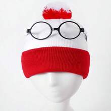 暖红色和白色“威利在哪里？”针织帽和无镜片眼镜框角色扮演游戏，节日派对礼物，冬季男女情人节帽子圣诞节 - 彩色 - 查看 7