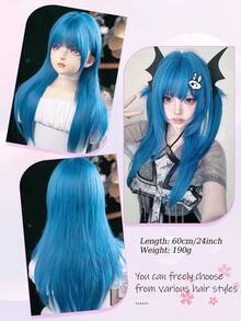 长直分层直发蓝色假发带刘海假发女士日常使用合成分层混合蓝色头发直发假发适合万圣节角色扮演派对 1 件 - 彩色 - 查看 5
