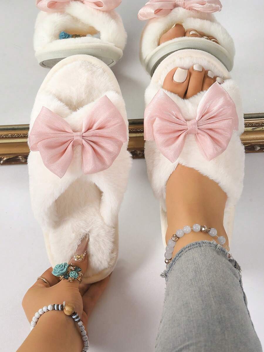 女款蝴蝶結毛絨拖鞋，優雅交叉帶純色蝴蝶結設計，時尚春秋新款軟底室內/室外雙用拖鞋 - 米色 - 查看 1