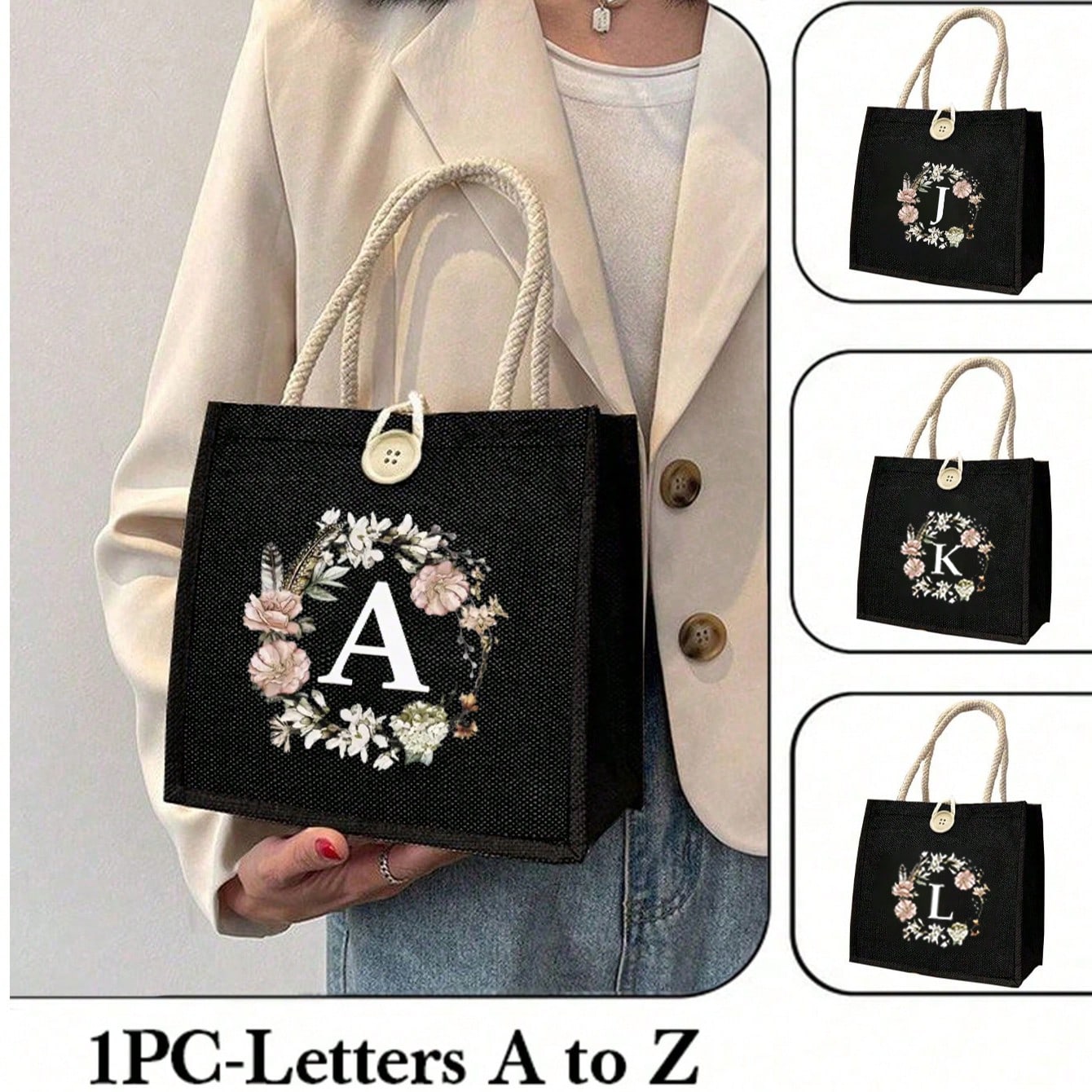 1pc - Minimalist Letter Print Tote Bag, Multifunctional Portable Teacher Tote Bag, Women's Gift, Graduation Gift, Letter Pattern Gift Bag, Large Capacity Women's Tote Bag With Letter Print, Reusable Shopping Bag, Suitable For Daily Use, Vacation, Commuting, Travel