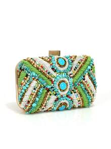 Green Color Embroidery Evening Bags Flap Fashion Beading Party Wedding Clutch Bags For Holiday Christmas Day Gift For Girl Purse Shoulder Chain Handbags - Green - View 5