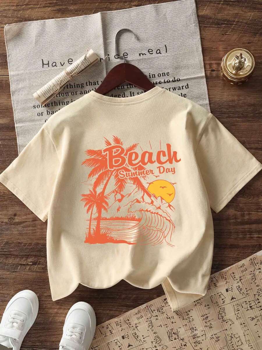 Tween Girl Tropical And Letter Graphic Drop Shoulder Tee For Summer - Apricot - View 1