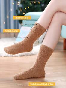 6 Pairs Kids' Solid Color Half Fleece Warm House Slippers Casual Mid-Calf Socks, Autumn/Winter