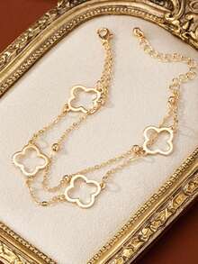 1pc Non-Fading Hollow Clover Four-Leg Chain, Fashionable Simple Elegant Charm Bracelet For Women, Party & Banquet Accessory Valentines - Double Gold - View 3