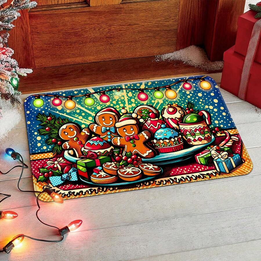 1pc Gingerbread Man & Lighting Doormat, Soft Christmas Bath Mat, Absorbent Christmas Kitchen Floor Mat, Holiday Decor, Non-Slip Holiday Floor Rug For Patio, Bedroom, Kitchen, Living Room, Entryway, Bathroom, Christmas Decoration