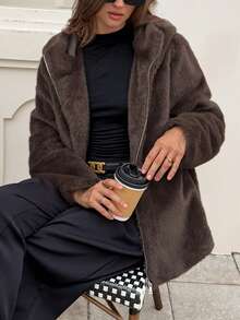 Vaiaye Women's Autumn/Winter New Christmas Edition Mid-Length Fashion Faux-Fur Coat With Thick Plush Collar & Lining – Fluffy Warm Outerwear - Brown - View 10