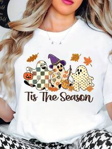 Women's Halloween T-Shirt  Ghosts With Pumpkin And Witch Hat Print Tis The Season Text Design For Fall Festive Party Wear, 220g - White - View 1