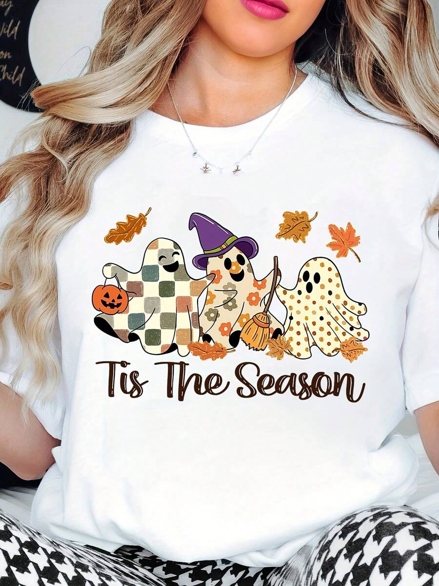 Women's Halloween T-Shirt  Ghosts With Pumpkin And Witch Hat Print Tis The Season Text Design For Fall Festive Party Wear, 220g - White - View 1