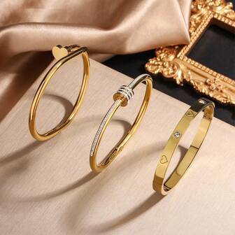 1/3 件防水奢华心形锆石水钻不锈钢开口袖口手链，18K 镀金时尚女士珠宝