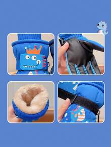 1 Pair Kids' Cartoon Dinosaur Ski Gloves, Thermal Lined Thick Warm Windproof Waterproof Finger Gloves For Winter Snow Play - 1Pair - View 6