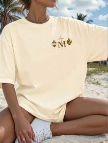 Beige Catholic T-Shirt Blouses Cenaculo Maria Comfort Gift 100% Cotton - Beige - Visa 1