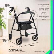 Andadera  135 KILOS Rollator Plegable Con Asiento Frenos Chicote Ruedas Giratorias Todo Terreno Adulto Altura Ajustable Respaldo Acojinado Bolsa Porta Objetos Medical Store - Azul - Ver 4