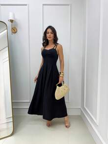 Long Dress With Double Straps And Ruched Detail On The Bust - Black - View 1