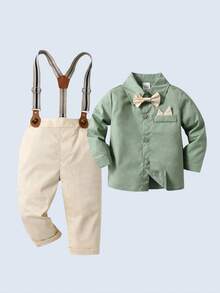 BOARNSEORL 2pcs Baby Boys Gentleman Outfit Set, Collared Shirt With Bowknot And Overalls Pants, Fashionable & Dapper For Birthday Party, Wedding, Banquet - Khaki - View 1