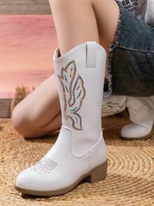Girls' Comfortable & Fashionable Embroidered Sequin Splice Outdoor Casual High Heel Boots With Side Zipper - White - View 2