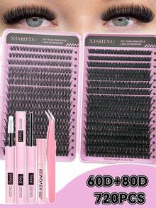 Sanishi 睫毛延长套装，720 件 DIY 睫毛延长套装睫毛簇 D 卷曲单根睫毛套装，带睫毛粘合剂和密封剂和睫毛镊子 D 卷曲 9-17 毫米混合睫毛延长套装，Sinishi 出品 - 彩色 - 查看 4