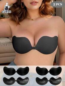 2 双加大码自粘式胸罩，聚拢无肩带自粘式低胸胸罩，隐形露背自粘式胸罩 - 适合连衣裙、婚纱和日常穿着