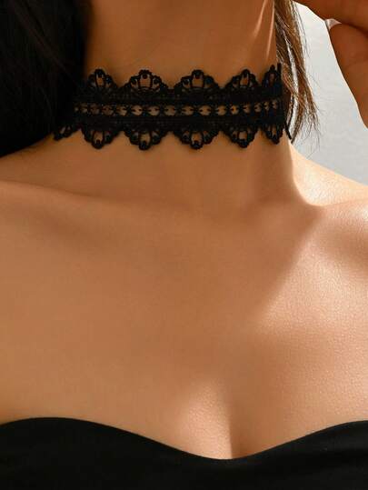 1PC Gothic Lolita Black Lace Wide Choker Necklace, Vintage Elegant Delicate Collarbone Chain Women's Evening Date Night Daily Party Wear Jewelry Accessory