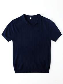 GRDR Men's Loose Thin Ribbed Polo Collar Knit Shirt, Short Sleeve, Summer - Navy Blue - View 3