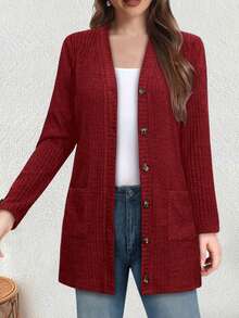 Yukiwi 女式纯色休闲前扣口袋长袖开衫，日常穿着 - 酒紅色 - 查看 4