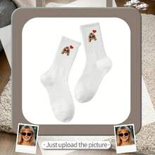 1 Pair Custom Face Socks With Photo - Personalized Mid-Calf Socks For Couples, Fun & Creative Design, Breathable Polyester/Spandex Blend, Perfect For Valentine'S Day, Birthdays, And Gifts, Cute Socks