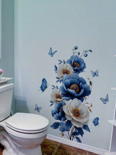 1-2pcs Blue And White Peony Flower Butterfly Wall Stickers ,Waterproof Decal Stickers, PVC Stickers, Easy To Apply And Remove, Suitable For Home Decoration, Bathroom Decoration, Room Supplies, Lounge Decor,Game Rooms Decor,Laundry,Living Room Decoration,Dressing Room Decor, Birthday And Other Area Decorations.