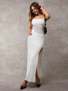 Vestido Longo Maxi Bodycon Deusa Sexy com Recorte na Cintura, Transparente e Fenda Lateral, Decote Redondo e Manga Curta, Vestido Longo Formal para Ocasiões Especiais, Vestido Longo Ajustado e Sem Costas para Verão, Formatura, Elegante, Festa, Igreja, Casamento, Praia, Férias