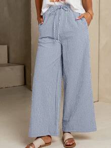 Women's Fashion Straight Leg Pants With Checkered Elastic Waistband, Wide Legs, And Pockets - 藍色 - 查看 1