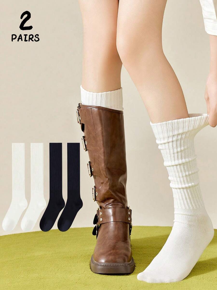 2 Pairs Women's Black & White Simple Slimming Calf Socks, Warm Long Socks Suitable For Daily Wear With Leather Shoes, Autumn/Winter