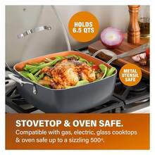 - 6 Quart XL Nonstick Copper Deep Square All In One 6 Qt Casserole Chefs Pan & Stock Pot- 4 Piece Set, Includes Frying Basket And Steamer Tray, Dishwasher ,Brown,NBIHNVF - 多色71 - 查看 3
