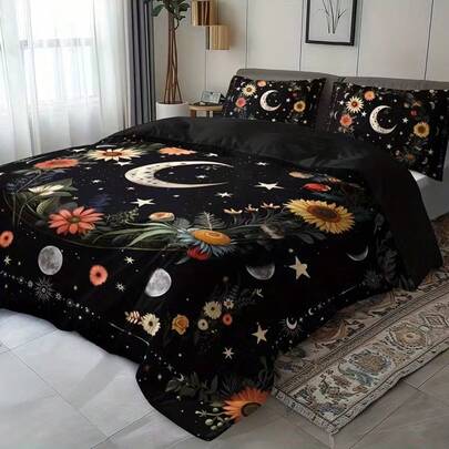 3pcs Bedding Set With Floral, Moon And Star Pattern, Includes 1 Duvet Cover And 2 Pillow Shams (Comforter Not Included), Suitable For Bedroom And Guest Room, Available In Multiple Sizes, 100% Polyester Fabric, Machine Washable