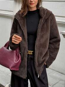 Vaiaye Women's Autumn/Winter New Christmas Edition Mid-Length Fashion Faux-Fur Coat With Thick Plush Collar & Lining – Fluffy Warm Outerwear - Brown - View 8