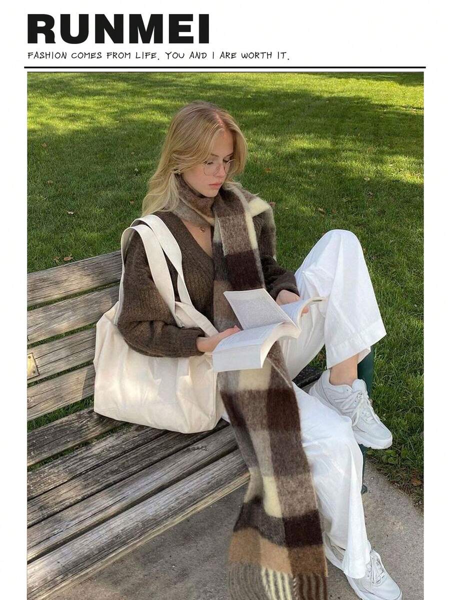 1 件时尚多色条纹格子保暖羊毛围巾，适合女士，波西米亚风格休闲防风情侣披肩，舒适毯子围巾适合日常穿着，秋冬 - 橄欖棕色 - 查看 1