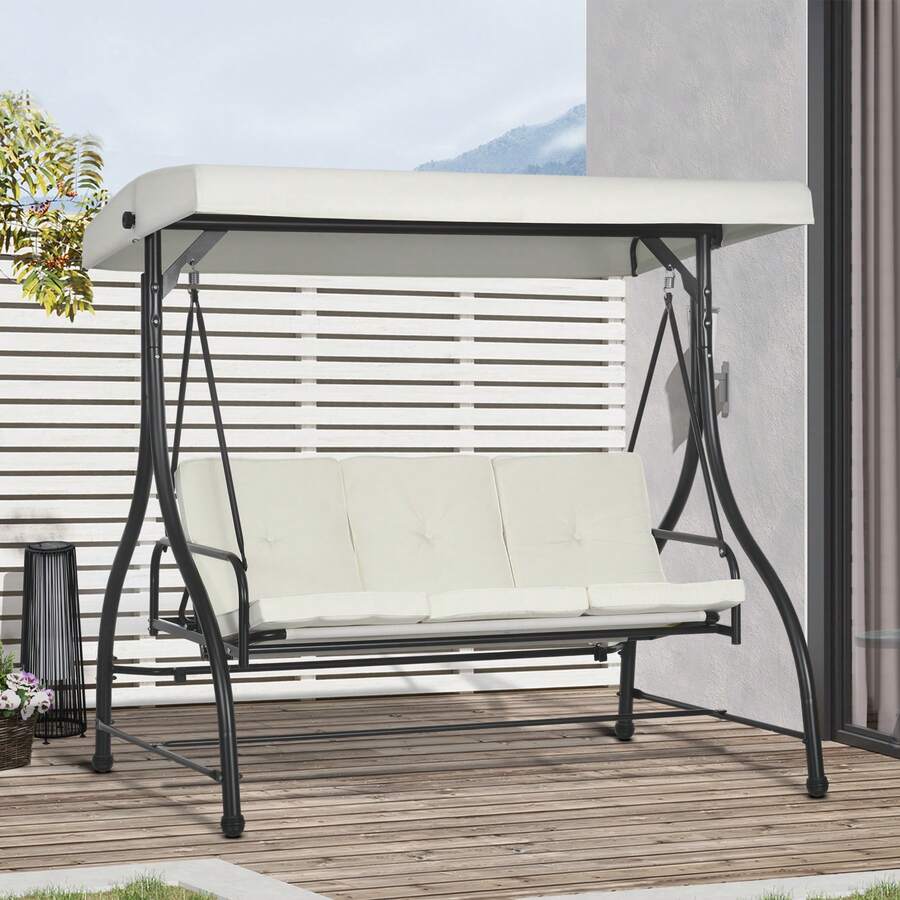 Outsunny 3 Seater Patio Swing Chair Convertible Cushioned Porch Swing Bed Outdoor Swing With Canopy Cream White - Beige - View 1