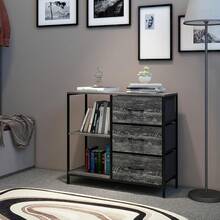 MU:4LIFE Organizador Cajonera De 3 Cajones y 3 Estante de Almacenamiento para Hogar Y Oficina, Organizador De Estructura Metal y Cajones De Tela Lino Poliéster y Tela No Tejida (Blanco crema) - Roble Negro - Ver 2