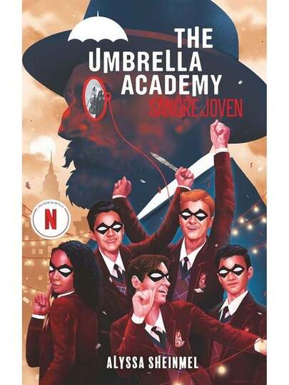 The Umbrella Academy sangre joven novela gráfica y cómic de superhéroes original, historia adaptada de la exitosa serie, ideal para fans de la literatura juvenil, arte visual impactante, personajes icónicos, colección perfecta para aficionados a cómics y cultura pop contemporánea