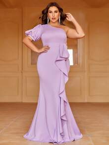 女士加大码单肩短袖针织晚礼服 – 露肩斜领设计，泡泡袖点缀，荷叶边鱼尾裙摆，修身剪裁，是晚宴、婚礼和正式场合的理想之选 - 紫丁香色 - 查看 3