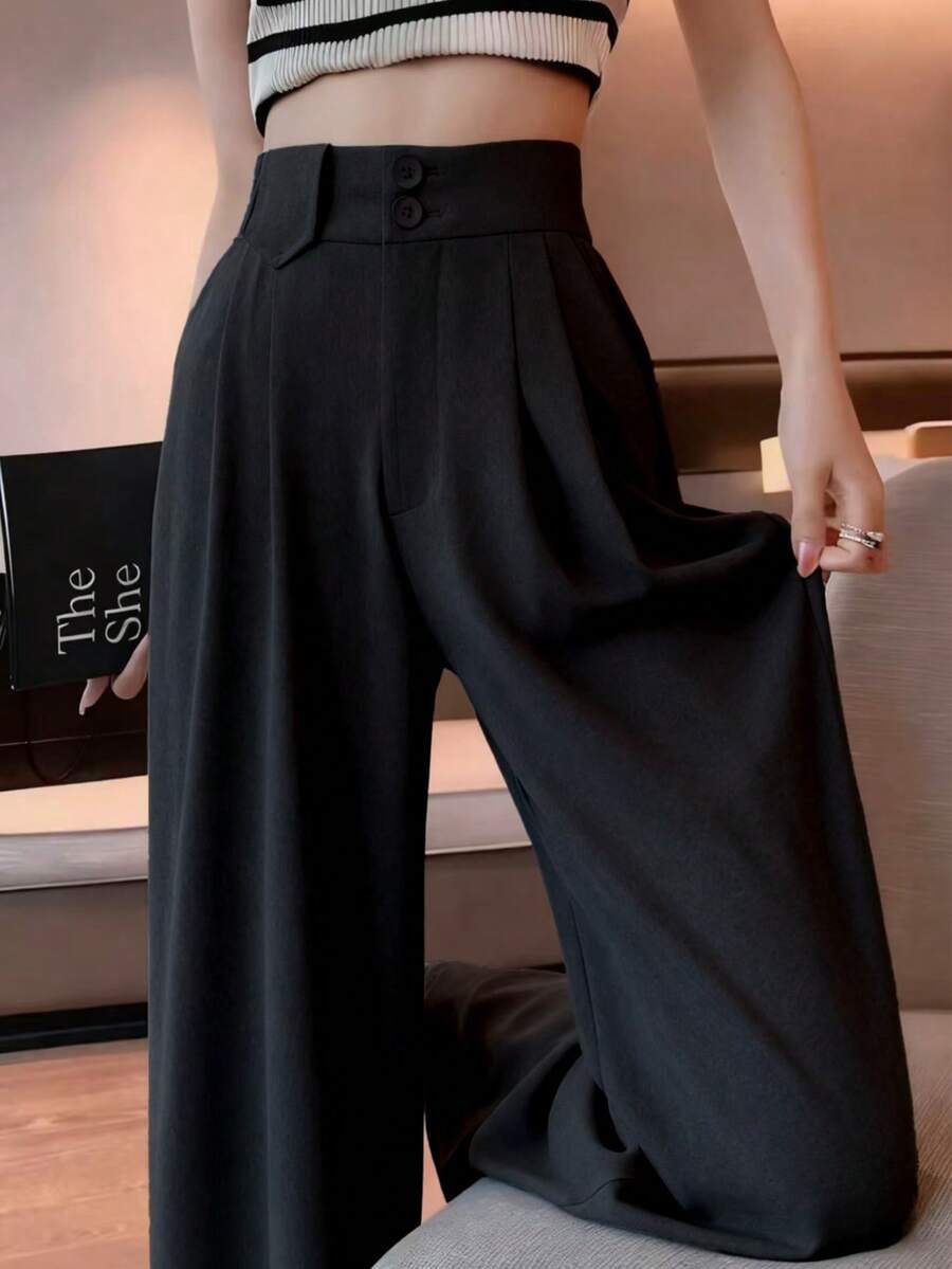Women Straight Leg Loose Solid Color Front Double-Button Pants Black Spring - Black - View 1