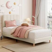 Cama Individual Tapizada con Cabecera Ondulada, Base para Niñas y Niños, Soporte de Listones de Madera, Sin Necesidad de Somier, Montaje Fácil, Color Beige - Beis - Ver 2