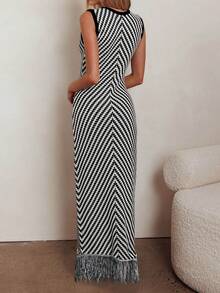 女士时尚简约优雅撞色条纹针织无袖连衣裙