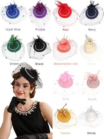1pc Pillbox Hats 20s 50s Vintage Fascinators For Women Tea Party Hats Derby Hat With Flower Mesh Veil Headband, Wedding Items, Hair Accessories