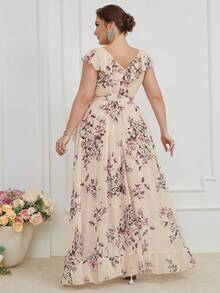 UNITHORSE V-Neck Floral Lace Trim Detachable Tie Asymmetrical Ruffle Hem Print Bridesmaid Dress - Apricot - View 2